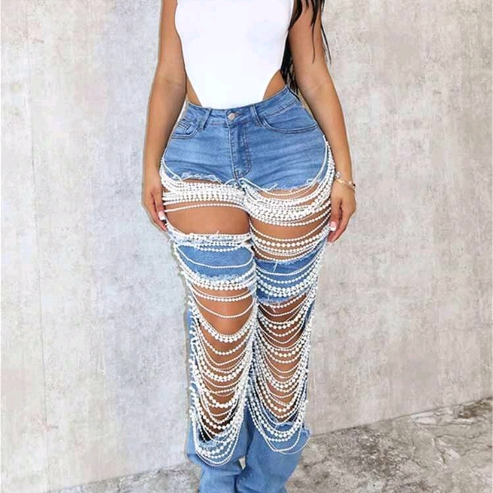 Women's Blue Embellished Jeans - Picture 6 of 8